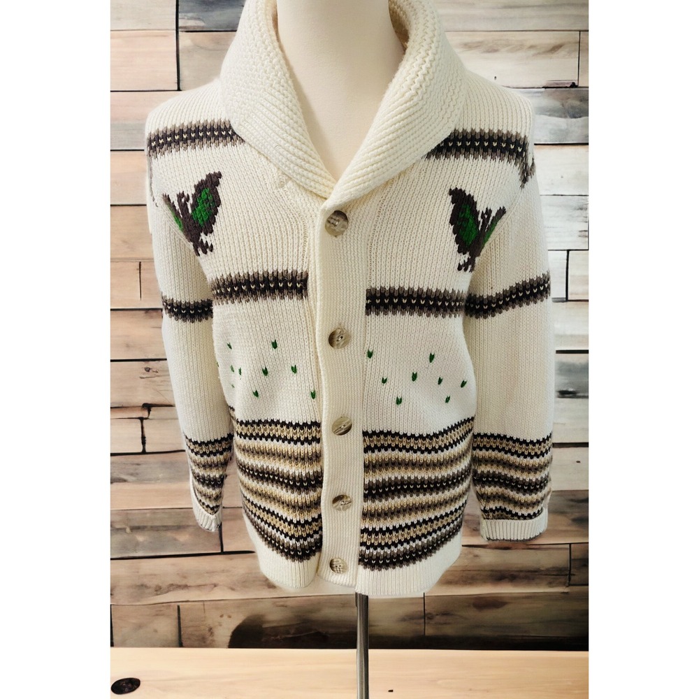Vintage Caldwell Wool Knit Sweater Cardigan Knit-Rite Canada birds L 50s 60s